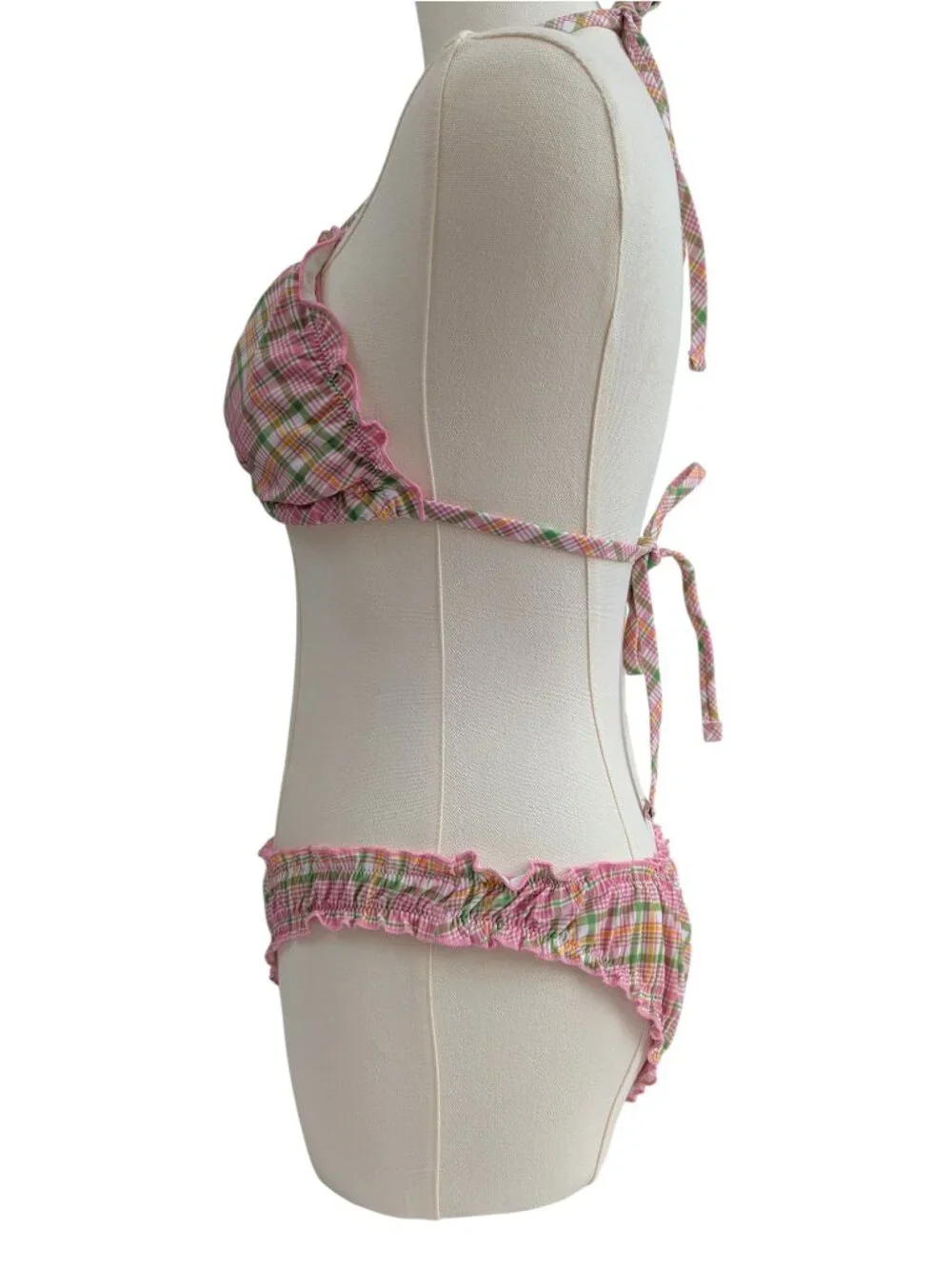 Pink X Frankie's Bikinis Pink Green Bikini Set Strawberry Plaid Ruffle Size M